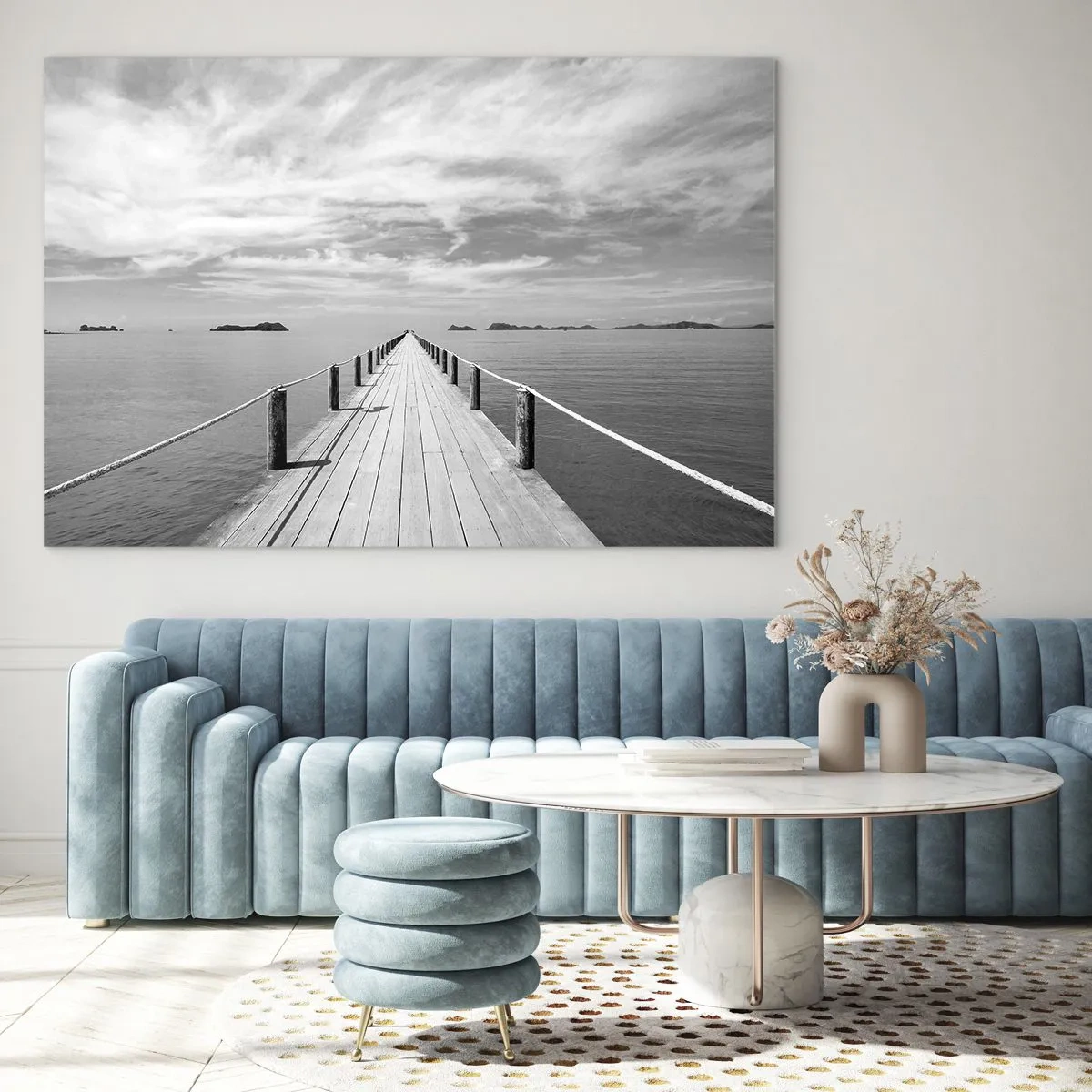 Glasbild - Bild auf glas - Ein Holzsteg, der über ein ruhiges Meer in die Ferne führt - 70x50cm - Oder vielleicht eine Reise ... - Moderne Wanddekoration für Wohnzimmer und Schlafzimmer ARTTOR