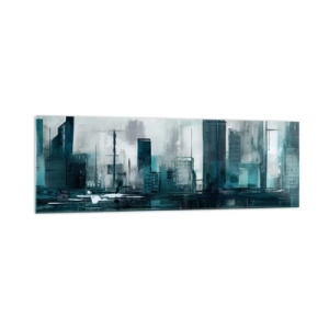 Glasbild - Bild auf glas - Eine moderne Stadt in Türkis- und Grautönen - 160x50cm - Eine Stadt in der Farbe des Regens - Moderne Wanddekoration für Wohnzimmer und Schlafzimmer ARTTOR