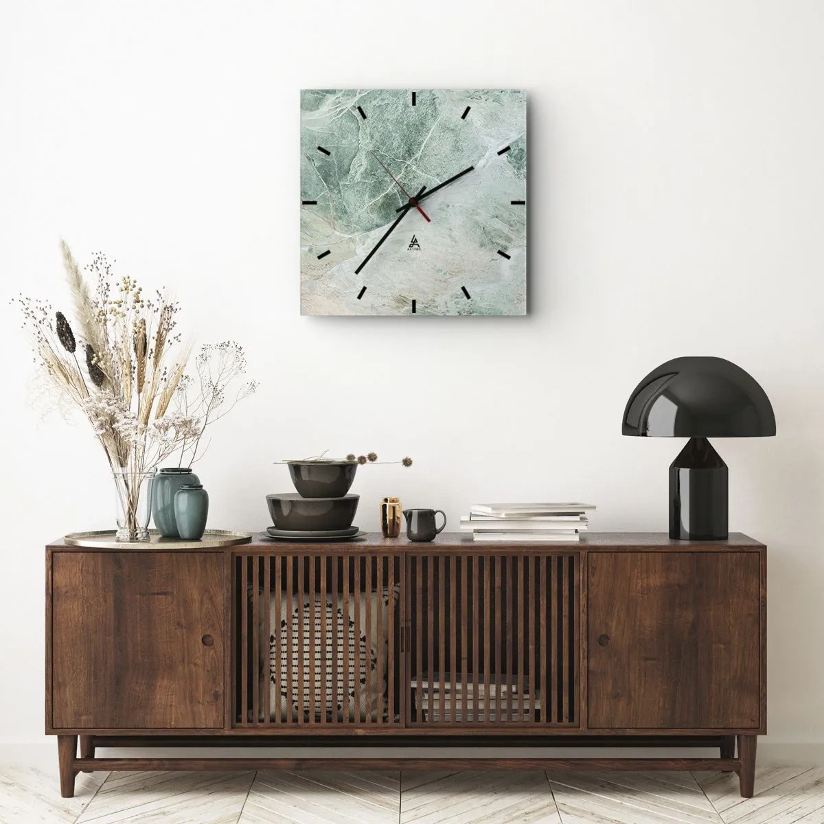 Wanduhr - Glasuhr - Grüner Marmor mit zarten weißen Adern - 30x30cm - Edle Kälte des Steins - Moderne Wanddekoration für Wohnzimmer und Schlafzimmer ARTTOR