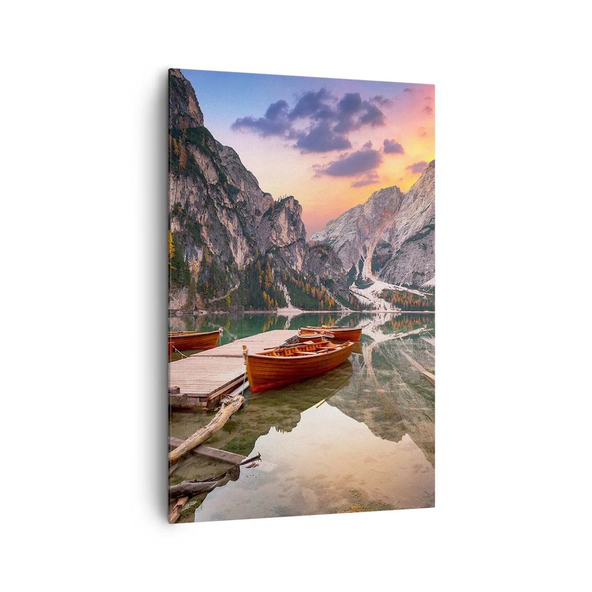 Bild auf Leinwand - Leinwandbild - Bergsee mit Booten bei Sonnenuntergang - 80x120cm - Versprechen des Tages - Moderne Wanddekoration für Wohnzimmer und Schlafzimmer ARTTOR