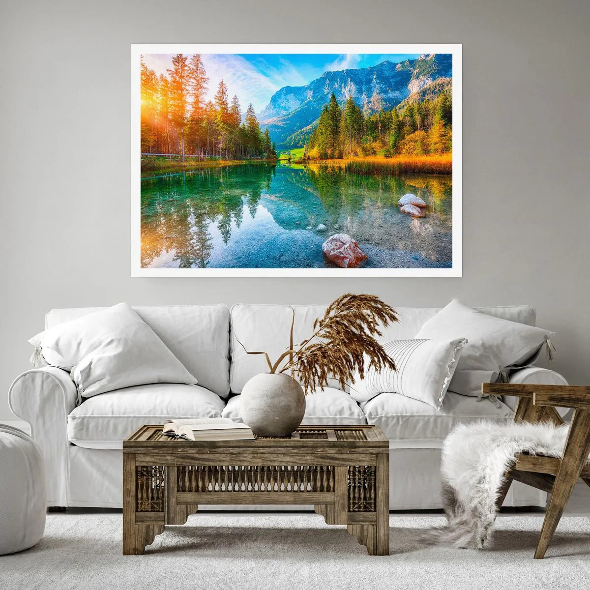 Poster - Ein malerischer See, umgeben von Bergen und Wäldern - 100x70cm - Die Sanftheit des Herbstes - Moderne Wanddekoration für Wohnzimmer und Schlafzimmer ARTTOR