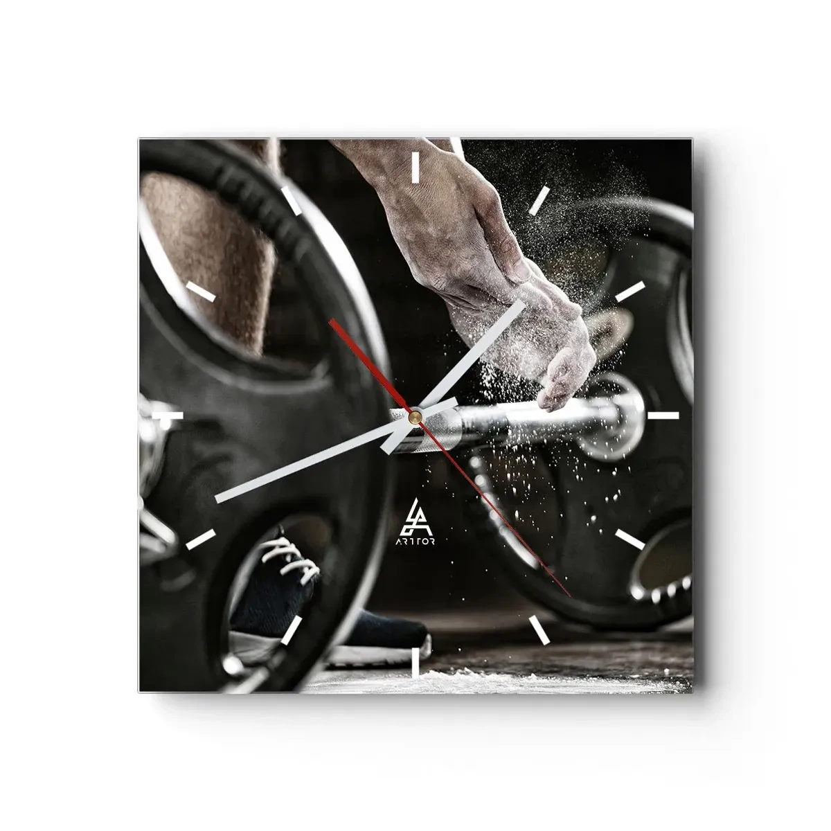 Wanduhr - Glasuhr - Hanteln und die Hände eines Sportlers bereiten sich auf das Training vor - 30x30cm - Herausforderung angenommen! - Moderne Wanddekoration für Wohnzimmer und Schlafzimmer ARTTOR