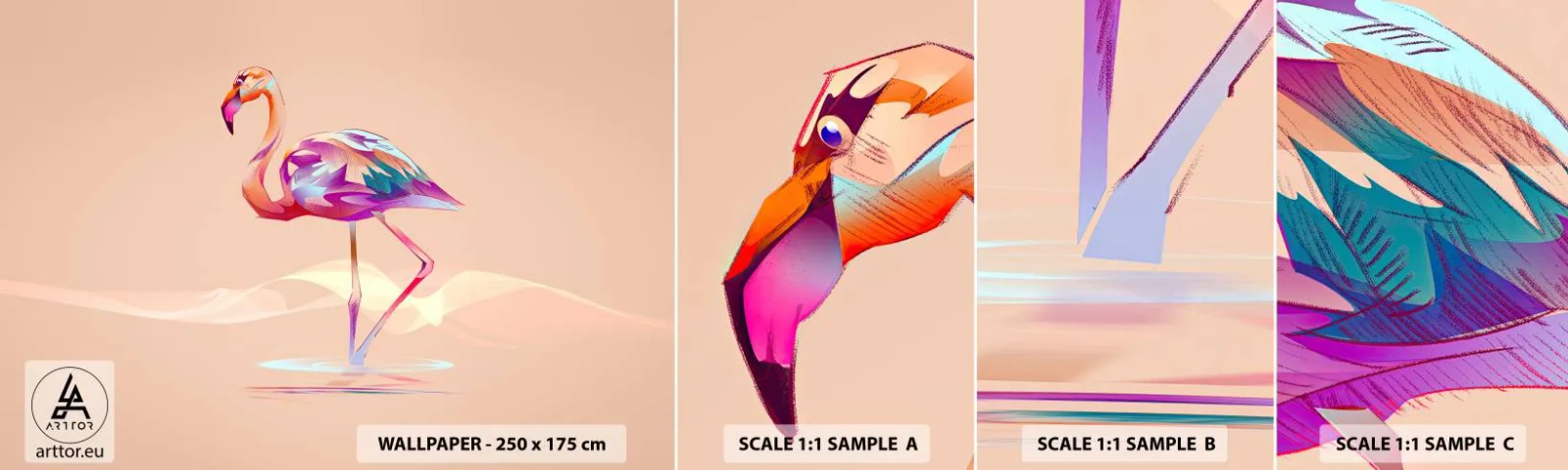 Fototapeten Muster Selbstklebend Deluxe Sticker - Der Vogel der guten Gefühle - Flamingo, Vogel, Abstraktion - 100x30 cm