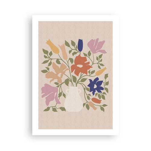 Poster - Ein bunter Blumenstrauß in einer hellen Vase auf beigem Hintergrund - 50x70cm - Zartes Bouquet - Moderne Wanddekoration für Wohnzimmer und Schlafzimmer ARTTOR