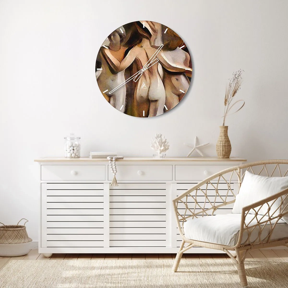 Wanduhr - Glasuhr - Eine abstrakte Interpretation dreier Figuren in warmen Farben. - 30x30cm - Drei Grazien 2.0 - Moderne Wanddekoration für Wohnzimmer, Küche und Schlafzimmer ARTTOR