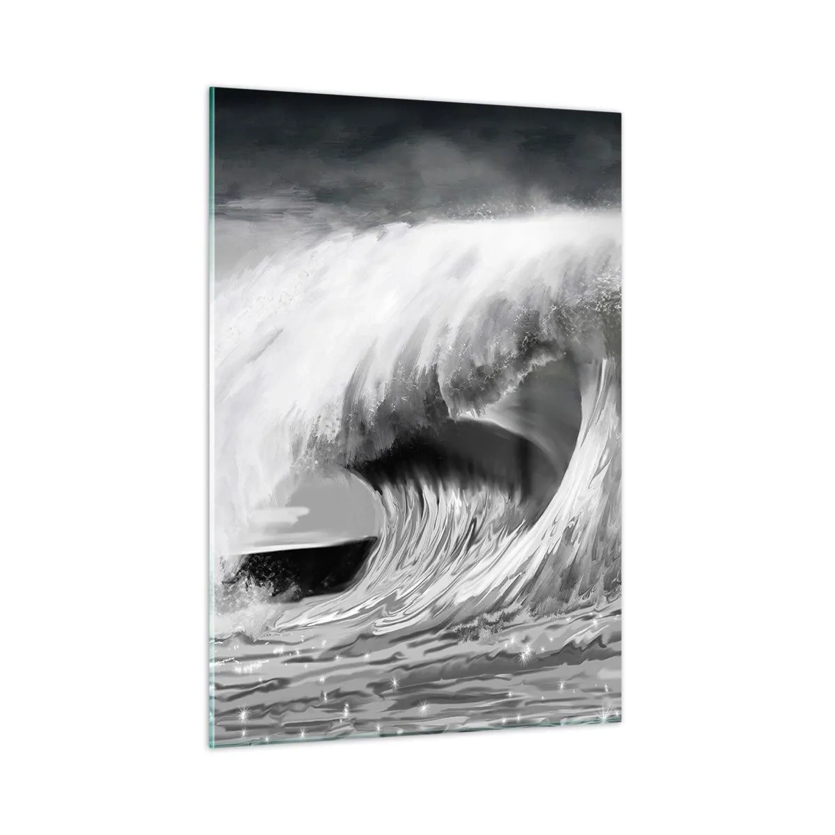 Glasbild - Bild auf glas - Eine kraftvolle Welle, eingefangen in einer Schwarz-Weiß-Ästhetik - 50x70cm - Wut des Ozeans - Moderne Wanddekoration für Wohnzimmer und Schlafzimmer ARTTOR