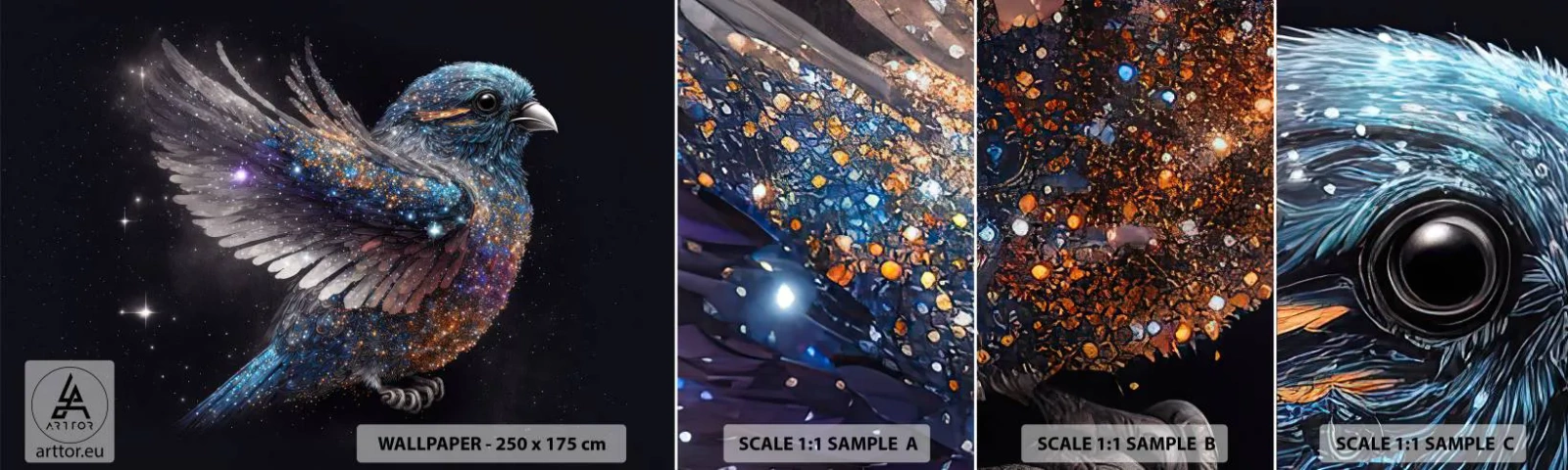 Fototapeten Muster Selbstklebend Deluxe Sticker - Diamantsperling - Vogel, Magie, Kosmos - 100x30 cm