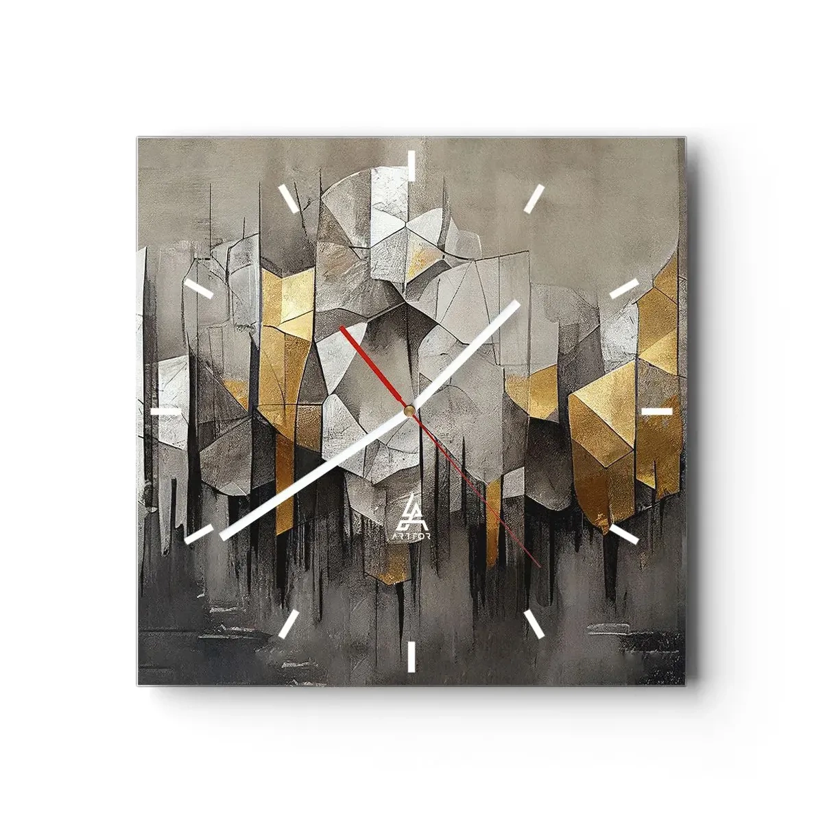 Wanduhr - Glasuhr - Geometrische Abstraktion in Gold- und Grautönen - 30x30cm - Komposition aus Eis und Licht - Moderne Wanddekoration für Wohnzimmer und Schlafzimmer ARTTOR