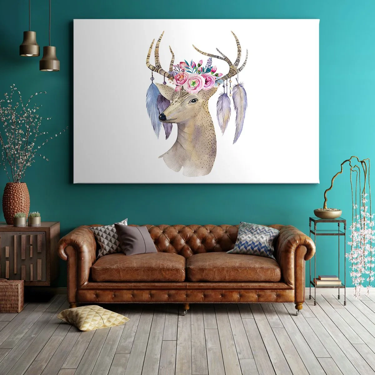Bild auf Leinwand - Leinwandbild - Romantische Hirschgrafik mit Blumen und Federn - 120x80cm - Seelenführer - sanft, unschuldig - Moderne Wanddekoration für Wohnzimmer und Schlafzimmer ARTTOR