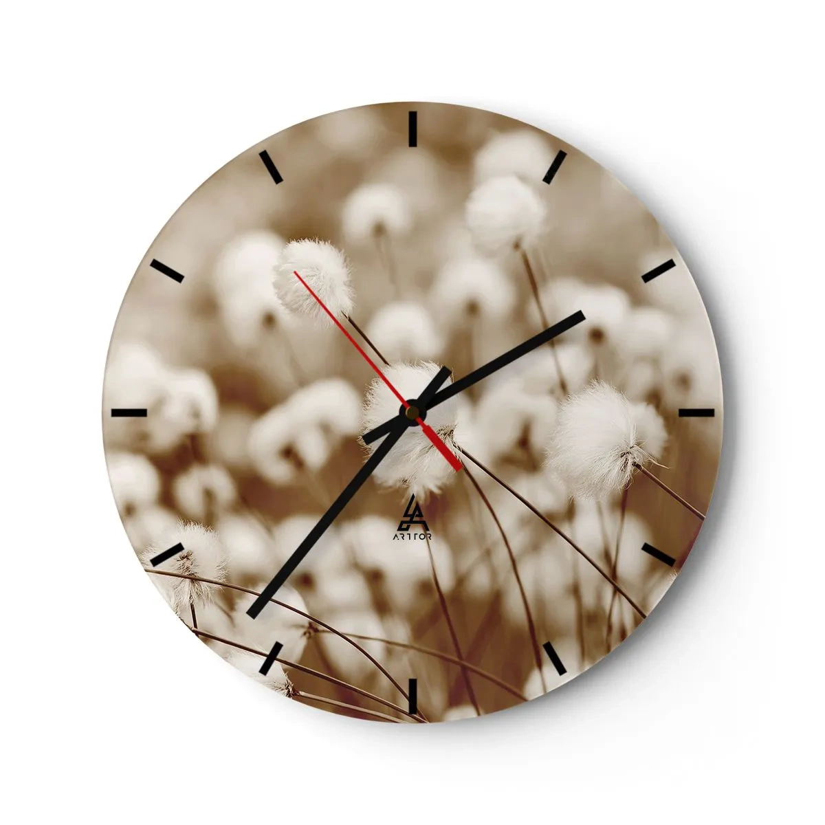 Wanduhr - Glasuhr - Flauschige weiße Pflanzen vor einer nebligen Sepia-Wiese - 30x30cm - Flauschiges Kornfeld - Moderne Wanddekoration für Wohnzimmer, Küche und Schlafzimmer ARTTOR