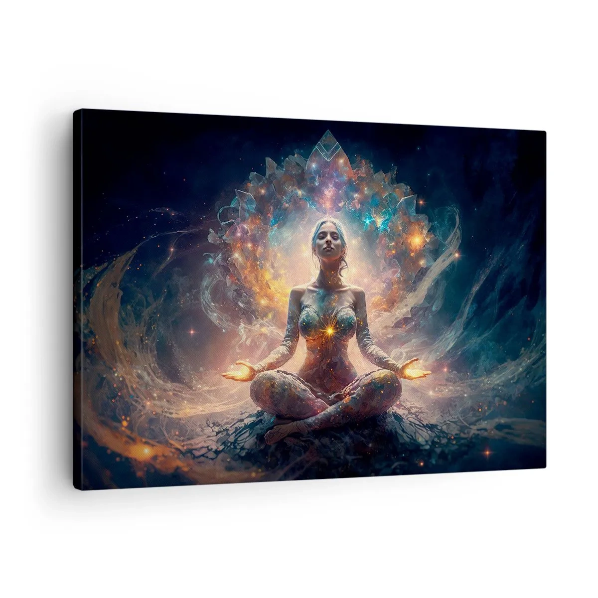 Bild auf Leinwand - Leinwandbild - Eine meditierende Figur, umgeben von energetischen Mustern und Farben. - 70x50cm - Fluss guter Energie - Moderne Wanddekoration für Wohnzimmer und Schlafzimmer ARTTOR