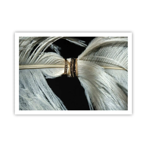 Poster - Eine weiße Feder mit zwei goldenen Ringen auf schwarzem Hintergrund - 100x70cm - ... und ich werde dich nicht verlassen ... - Moderne Wanddekoration für Wohnzimmer und Schlafzimmer ARTTOR