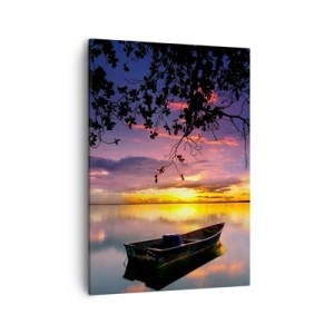 Bild auf Leinwand - Leinwandbild - Ein Boot auf ruhigem Wasser bei Sonnenuntergang - 50x70cm - Du scheinst mitten am Himmel zu hängen... - Moderne Wanddekoration für Wohnzimmer und Schlafzimmer ARTTOR