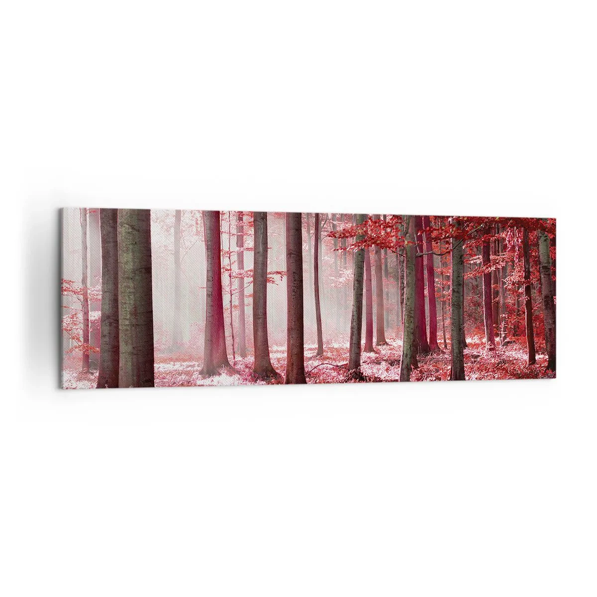Bild auf Leinwand - Leinwandbild - Ein atemberaubender Wald in roten Farbtönen mit Lichtstrahlen, die durch die Bäume dringen - 160x50cm - Rot ist genauso schön - Moderne Wanddekoration für Wohnzimmer und Schlafzimmer ARTTOR
