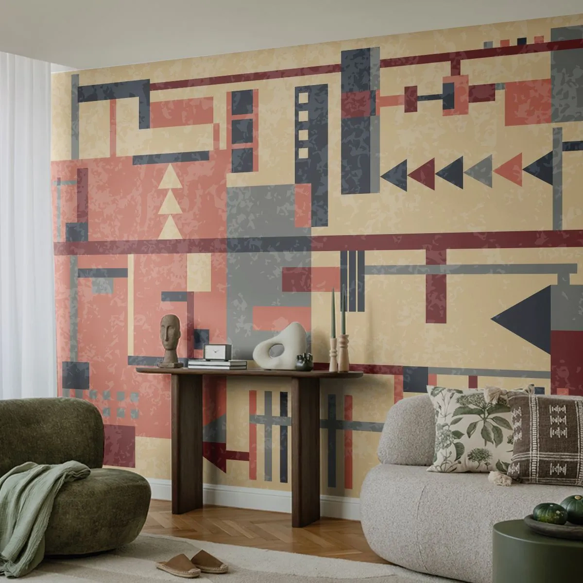 Fototapete Premium Sand - Geometrische Abstraktion im Retro-Stil - 100x70cm - Eine Kombination aus Vertikalen und Ebenen - Moderne Wanddekoration für Wohnzimmer und Schlafzimmer ARTTOR