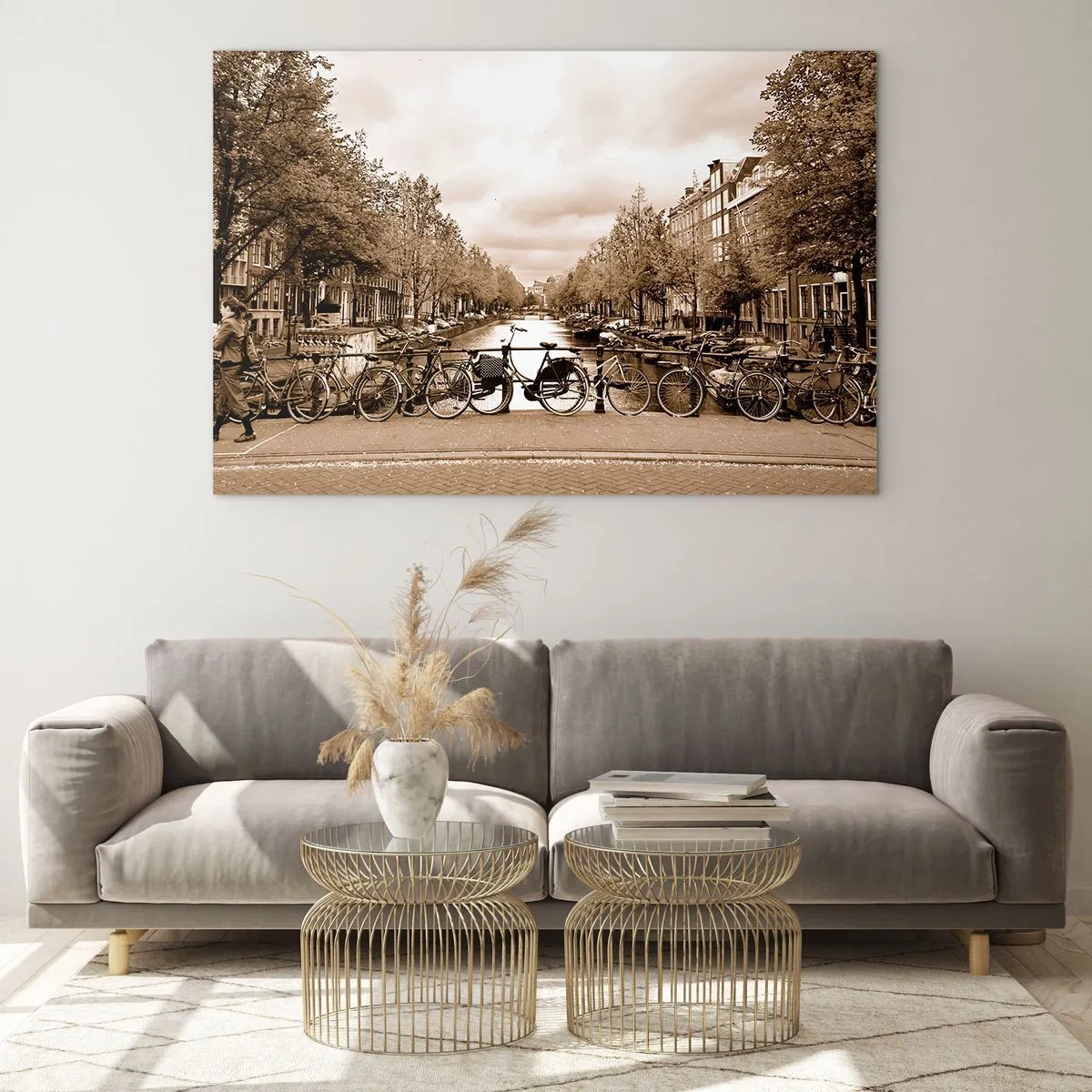 Glasbild - Bild auf glas - Amsterdamer Brücke mit Retro-Fahrrädern - 120x80cm - Niederländische Atmosphäre - Moderne Wanddekoration für Wohnzimmer und Schlafzimmer ARTTOR