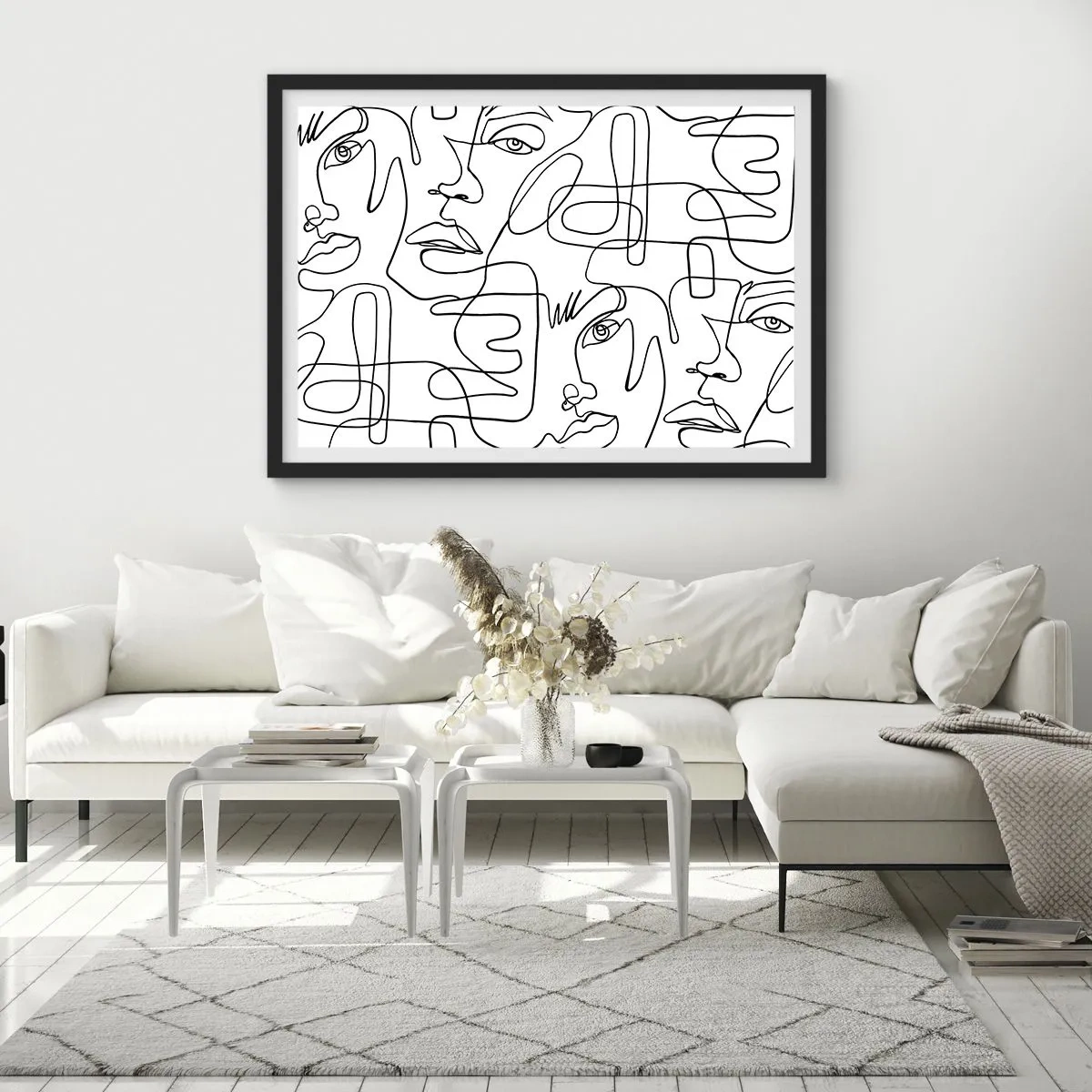 Poster in einem schwarzem Rahmen - Eine minimalistische Zeichnung eines Gesichts mit Linien auf hellem Hintergrund. - 100x70cm - In verworrenen Gefühlen - Moderne Wanddekoration für Wohnzimmer und Schlafzimmer ARTTOR