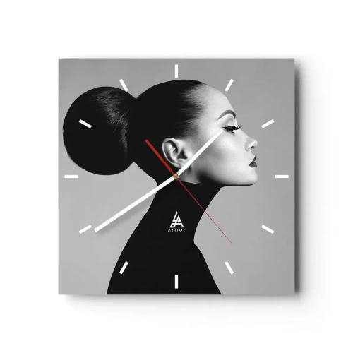 Wanduhr - Glasuhr - Profil einer Frau in Schwarz-Weiß mit einem eleganten Dutt - 30x30cm - Moderne Nofretete - Moderne Wanddekoration für Wohnzimmer und Schlafzimmer ARTTOR