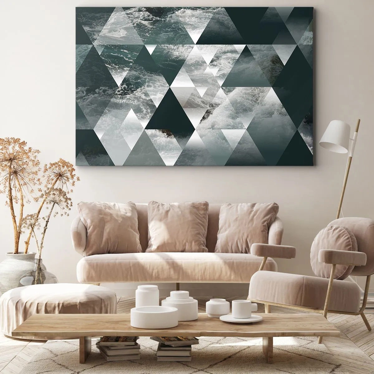 Bild auf Leinwand - Leinwandbild - Geometrisches Muster mit Wellenmotiv in Grüntönen - 70x50cm - Kristallperspektive - Moderne Wanddekoration für Wohnzimmer und Schlafzimmer ARTTOR