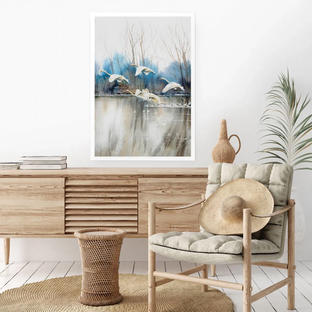 Poster - Ein Schwarm Schwäne, der in malerischem Stil über dem Wasser schwebt - 50x70cm - Wie im Märchen von den wilden Schwänen - Moderne Wanddekoration für Wohnzimmer und Schlafzimmer ARTTOR