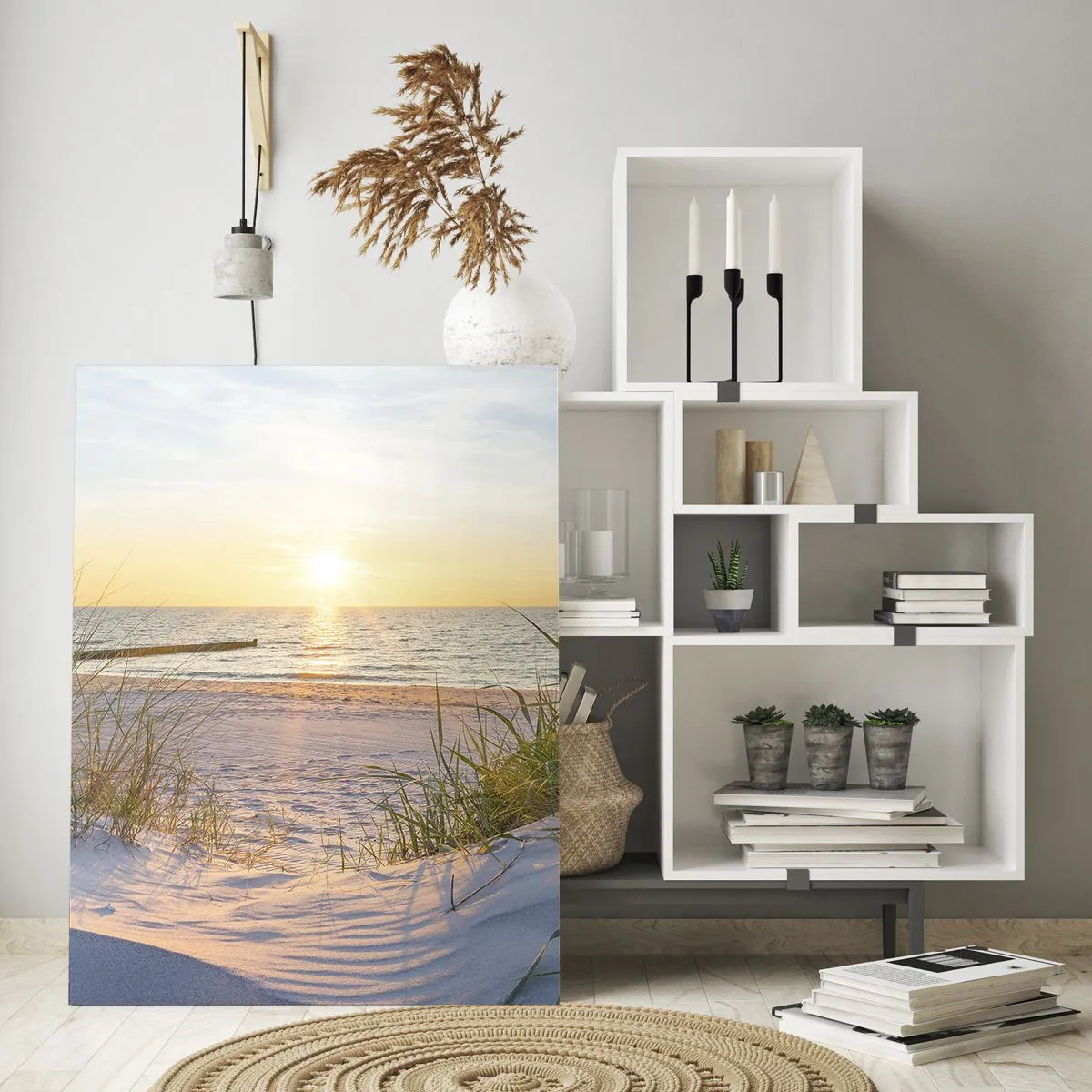 Glasbild - Bild auf glas - Sonnenuntergangsstrand mit Blick auf das Meer und Dünengräser - 50x70cm - Das Rauschen des Meeres, der Gesang der Vögel, ein wilder Strand im Gras ... - Moderne Wanddekoration für Wohnzimmer und Schlafzimmer ARTTOR