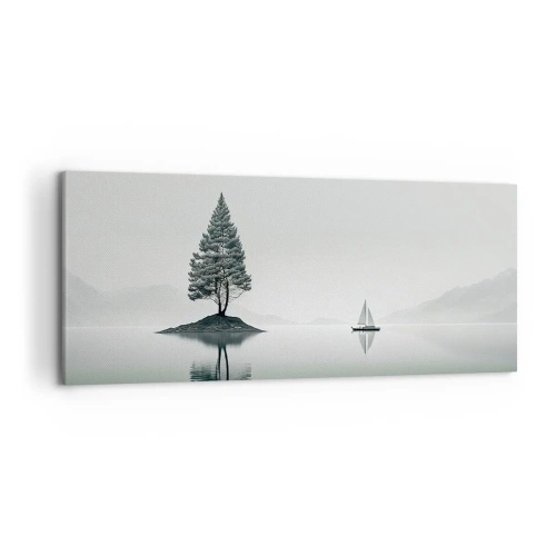 Bild auf Leinwand - Leinwandbild - Eine minimalistische Landschaft mit einem Baum auf einer Insel und einem Segelboot. - 120x50cm - Traum - Moderne Wanddekoration für Wohnzimmer und Schlafzimmer ARTTOR