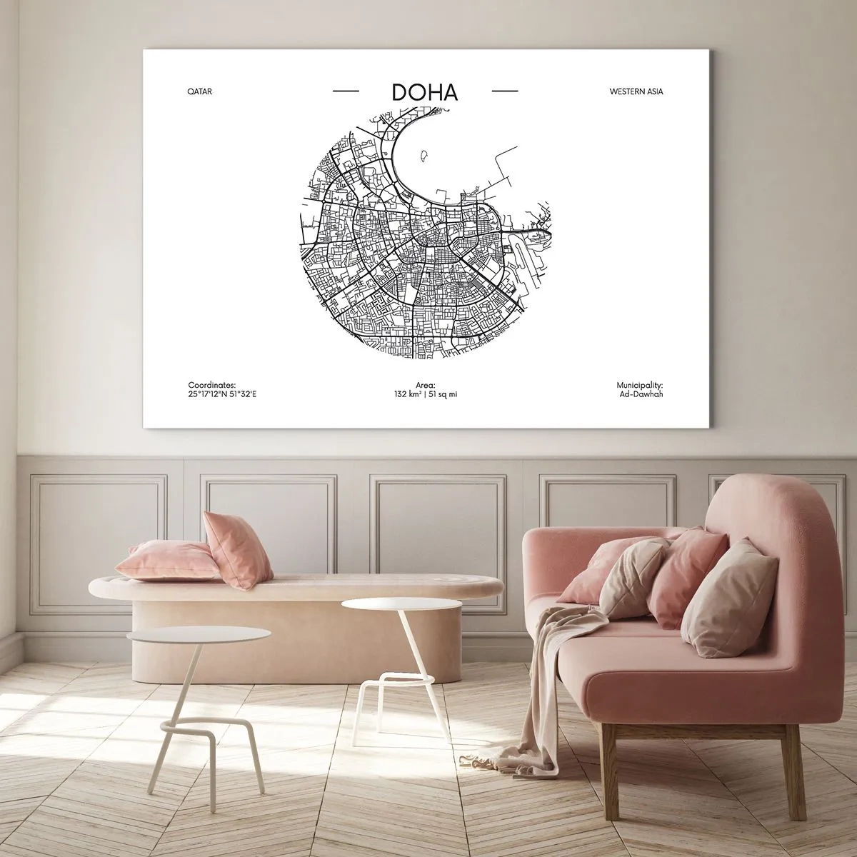 Glasbild - Bild auf glas - Eine grafische Karte von Doha im minimalistischen Schwarz-Weiß-Stil. - 100x70cm - Anatomie von Doha - Moderne Wanddekoration für Wohnzimmer und Schlafzimmer ARTTOR