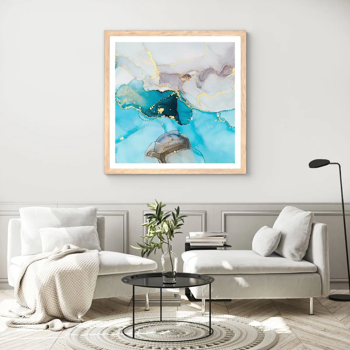 Poster in einem Rahmen aus heller Eiche - Eine Studie über das Zusammentreffen von Grau und Türkis - 50x50 cm