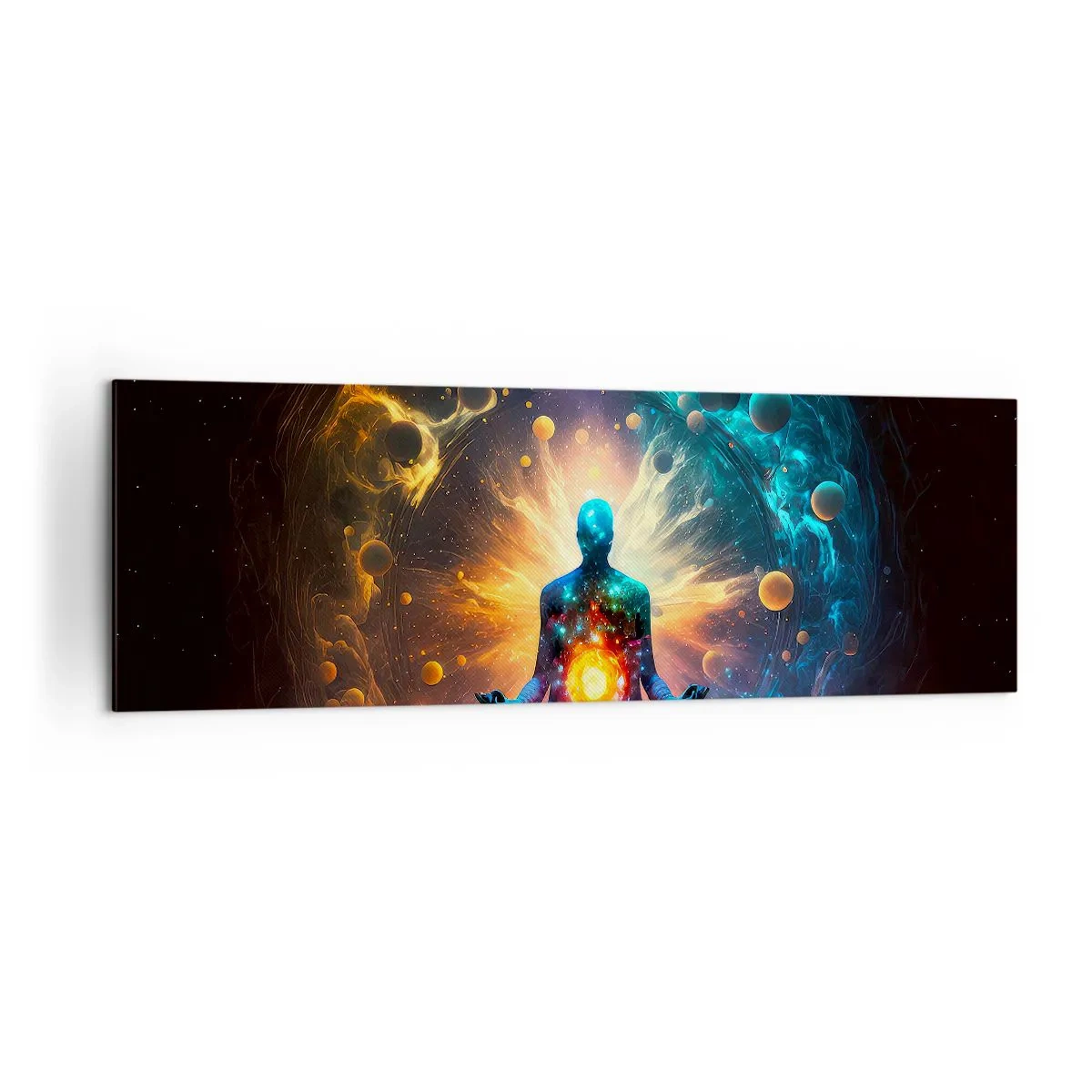 Bild auf Leinwand - Leinwandbild - Eine meditierende Figur, umgeben von einer kosmischen Aura - 160x50cm - Kosmischer Frieden - Moderne Wanddekoration für Wohnzimmer und Schlafzimmer ARTTOR