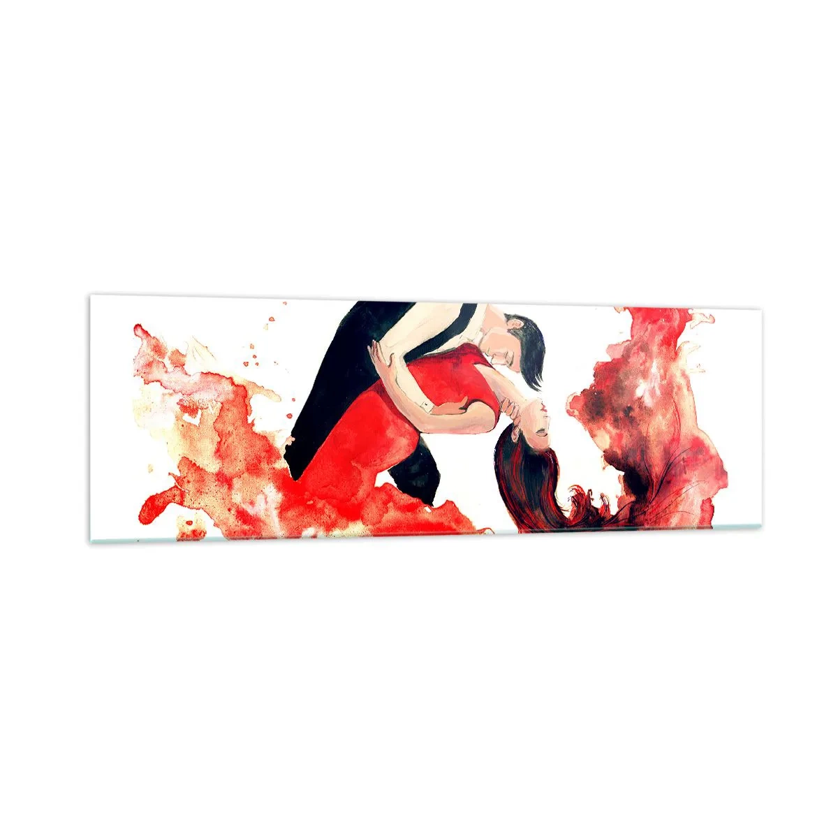 Glasbild - Bild auf glas - Ein dynamisches Aquarellgemälde eines tanzenden Paares in roten Farben. - 160x50cm - Tango - eine sinnliche Welle - Moderne Wanddekoration für Wohnzimmer und Schlafzimmer ARTTOR