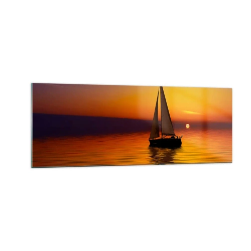 Glasbild - Bild auf glas - Ein Segelboot auf ruhiger See bei Sonnenuntergang - 140x50cm - Wie ruhig es hier in der Abenddämmerung ist... - Moderne Wanddekoration für Wohnzimmer und Schlafzimmer ARTTOR
