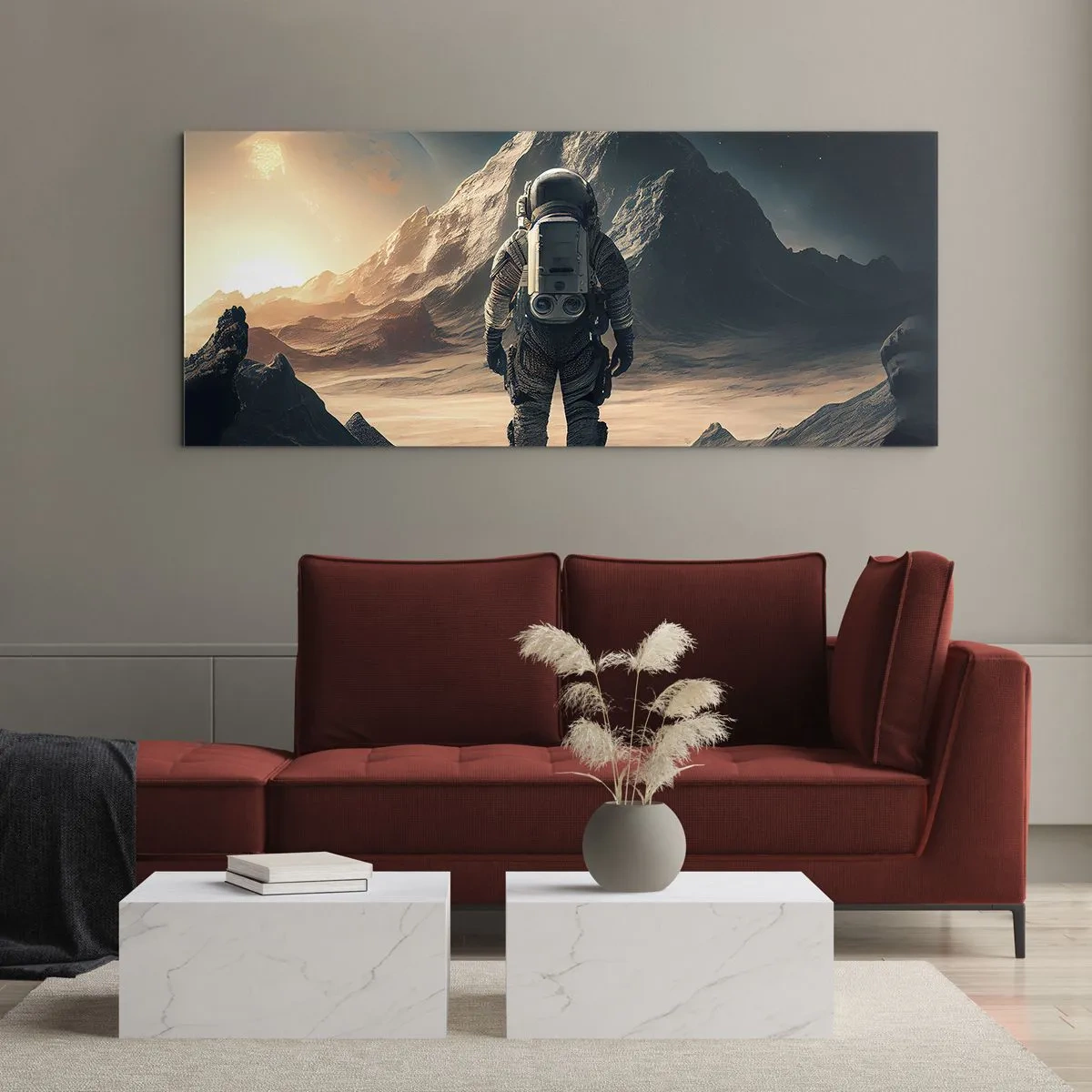 Glasbild - Bild auf glas - Astronaut vor der Kulisse majestätischer Berge - 120x50cm - Neue Herausforderung - Moderne Wanddekoration für Wohnzimmer und Schlafzimmer ARTTOR