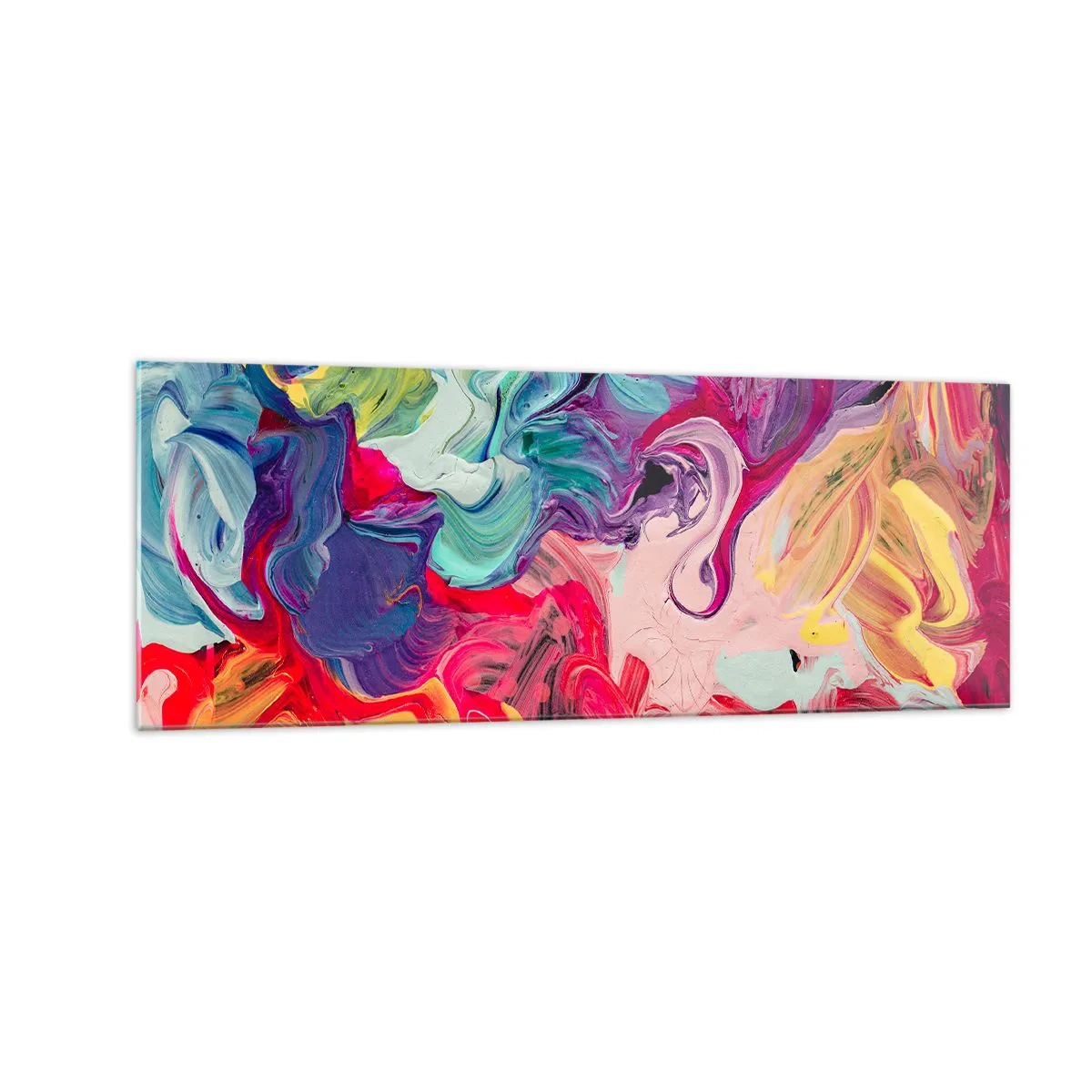 Glasbild - Bild auf glas - Eine abstrakte Komposition mit lebendigen, wirbelnden Farben und einer dynamischen Struktur. - 140x50cm - Die Geburt der Farben - Moderne Wanddekoration für Wohnzimmer und Schlafzimmer ARTTOR