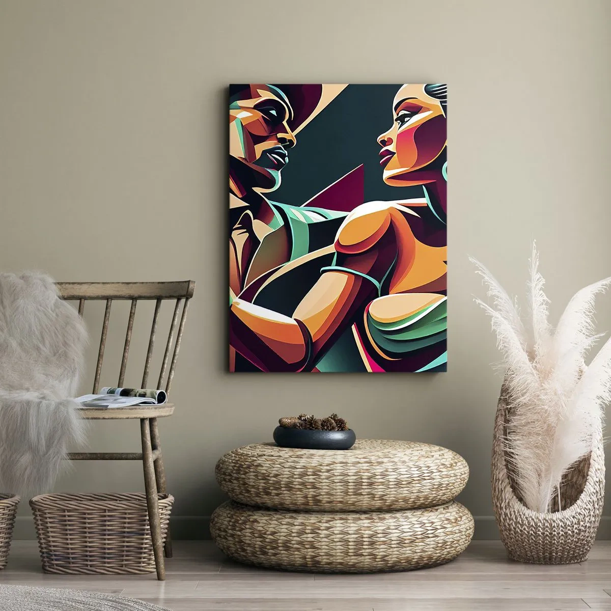 Bild auf Leinwand - Leinwandbild - Ein stilisiertes Paar, das in leuchtenden, geometrischen Farben tanzt. - 50x70cm - Im Rhythmus des Herzens - Moderne Wanddekoration für Wohnzimmer und Schlafzimmer ARTTOR