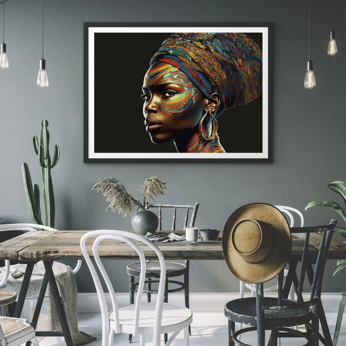 Poster in einem schwarzem Rahmen - Porträt einer Frau mit buntem Muster und Turban - 100x70cm - Afrikanische Königin - Moderne Wanddekoration für Wohnzimmer und Schlafzimmer ARTTOR