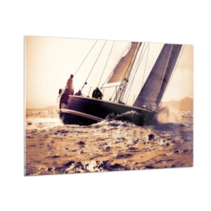 Glasbild - Bild auf glas - Ein Segelboot auf stürmischer See in warmen Farbtönen - 100x70cm - Segle, Seemann - Moderne Wanddekoration für Wohnzimmer und Schlafzimmer ARTTOR