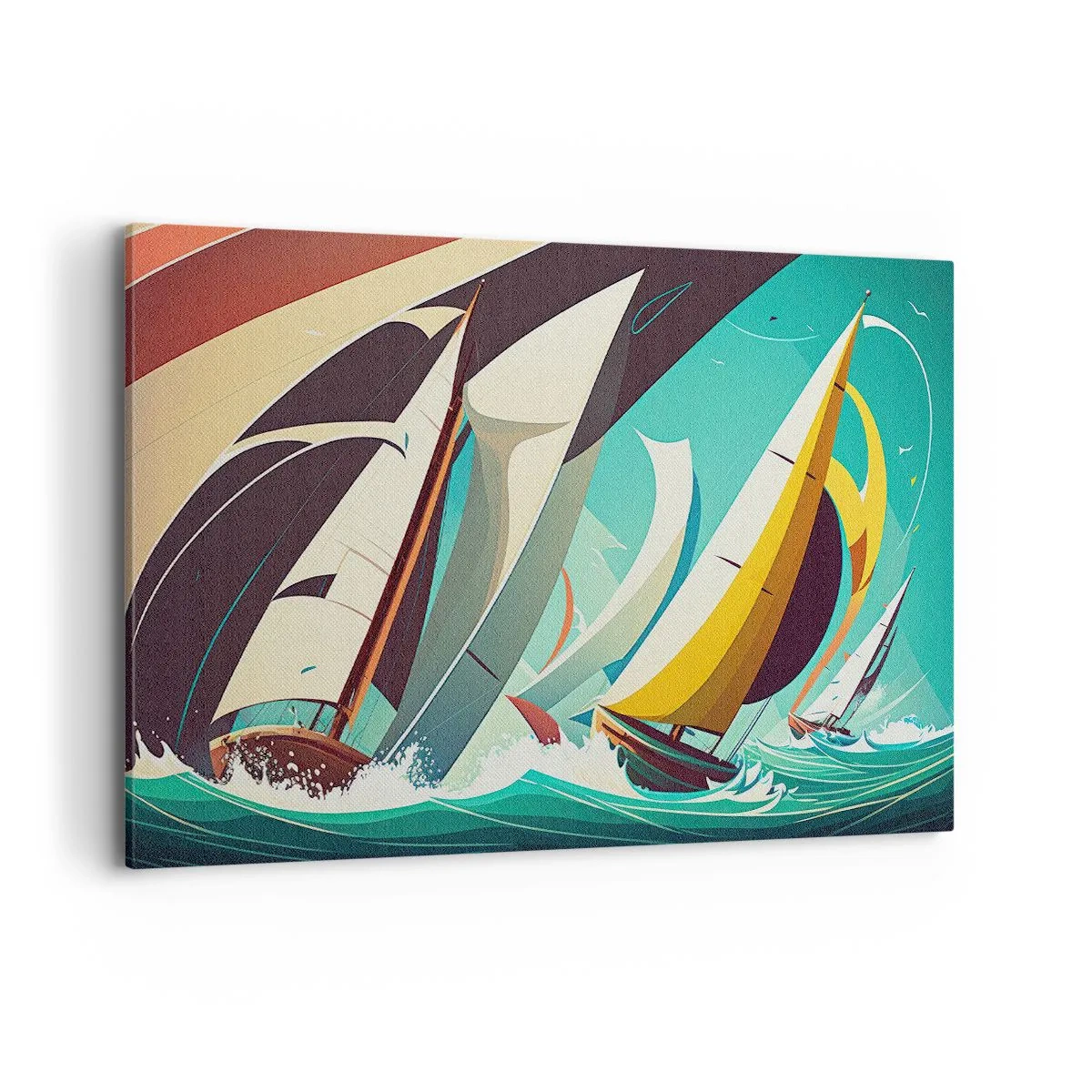 Bild auf Leinwand - Leinwandbild - Eine dynamische Illustration von Segelbooten in stürmischer See. - 120x80cm - Viel Glück mit den Elementen - Moderne Wanddekoration für Wohnzimmer und Schlafzimmer ARTTOR