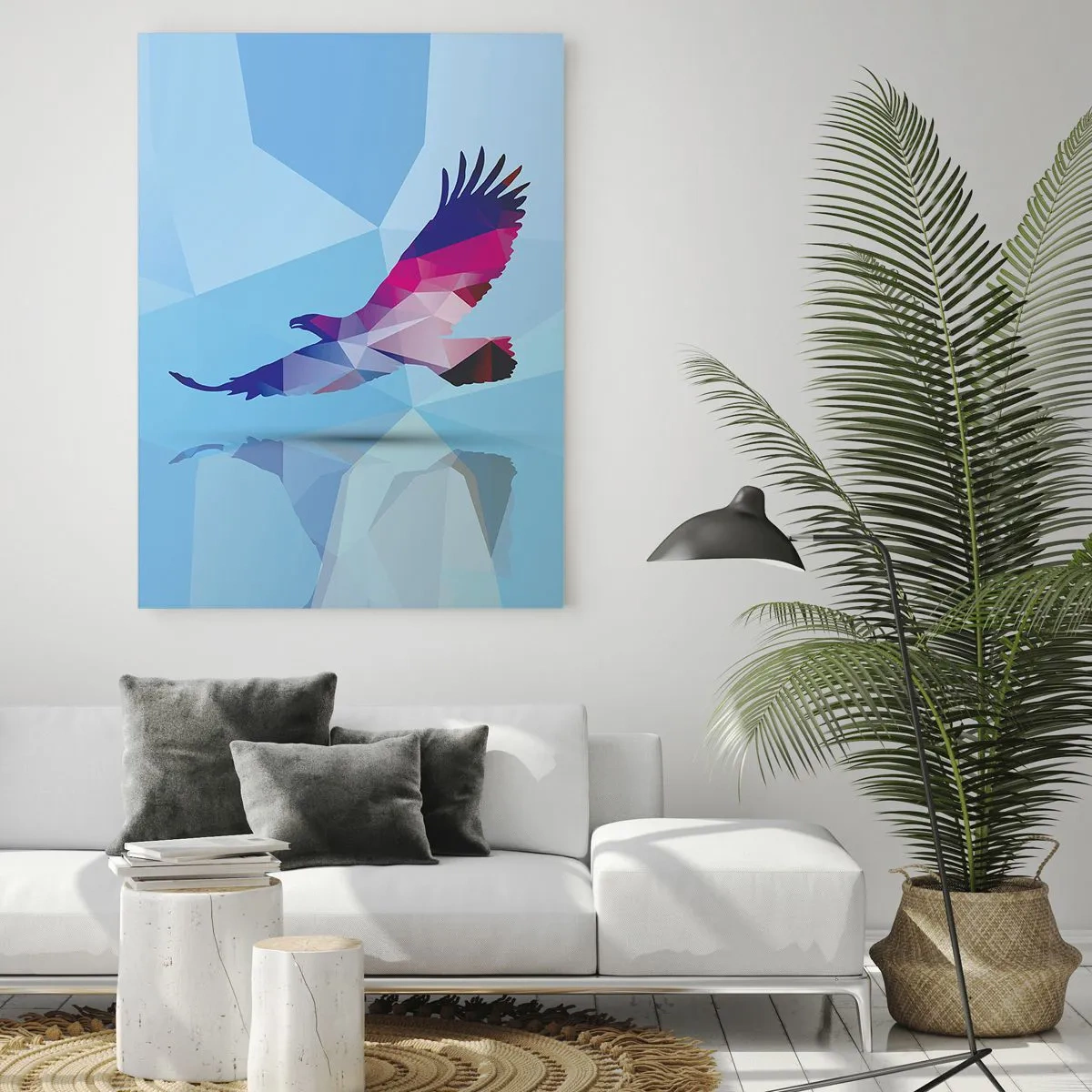 Glasbild - Bild auf glas - Geometrische Silhouette eines Adlers im Flug auf blauem Hintergrund - 80x120cm - Adler in lila Kristall - Moderne Wanddekoration für Wohnzimmer und Schlafzimmer ARTTOR