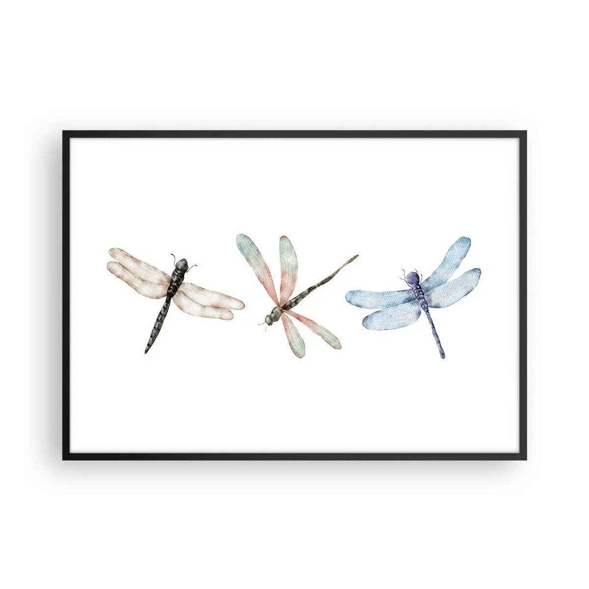 Poster in einem schwarzem Rahmen - Drei Libellen in zarten Pastellfarben - 100x70cm - Schwerelose Libellen - Moderne Wanddekoration für Wohnzimmer und Schlafzimmer ARTTOR