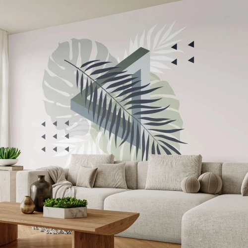 Fototapete Premium Sand - Moderne Abstraktion mit tropischen Blättern - 100x70cm - Natur und Geometrie – zwei Ordnungen? - Moderne Wanddekoration für Wohnzimmer und Schlafzimmer ARTTOR