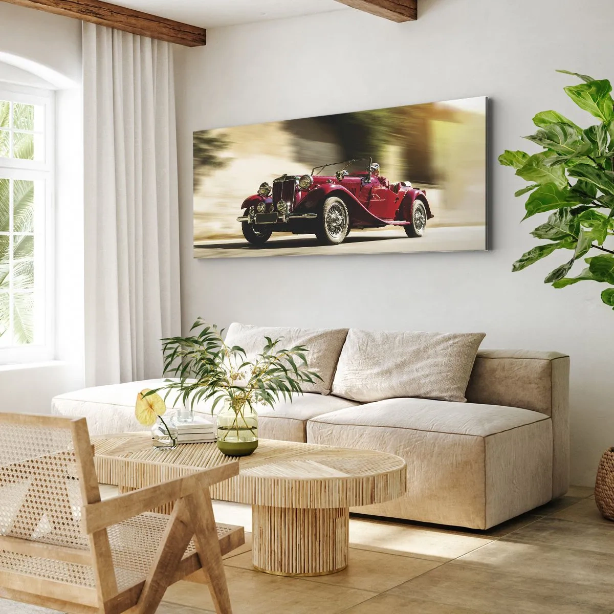 Bild auf Leinwand - Leinwandbild - Roter Oldtimer in Bewegung auf einer sonnigen Straße - 140x50cm - Schöner als Nike von Samothrake - Moderne Wanddekoration für Wohnzimmer und Schlafzimmer ARTTOR
