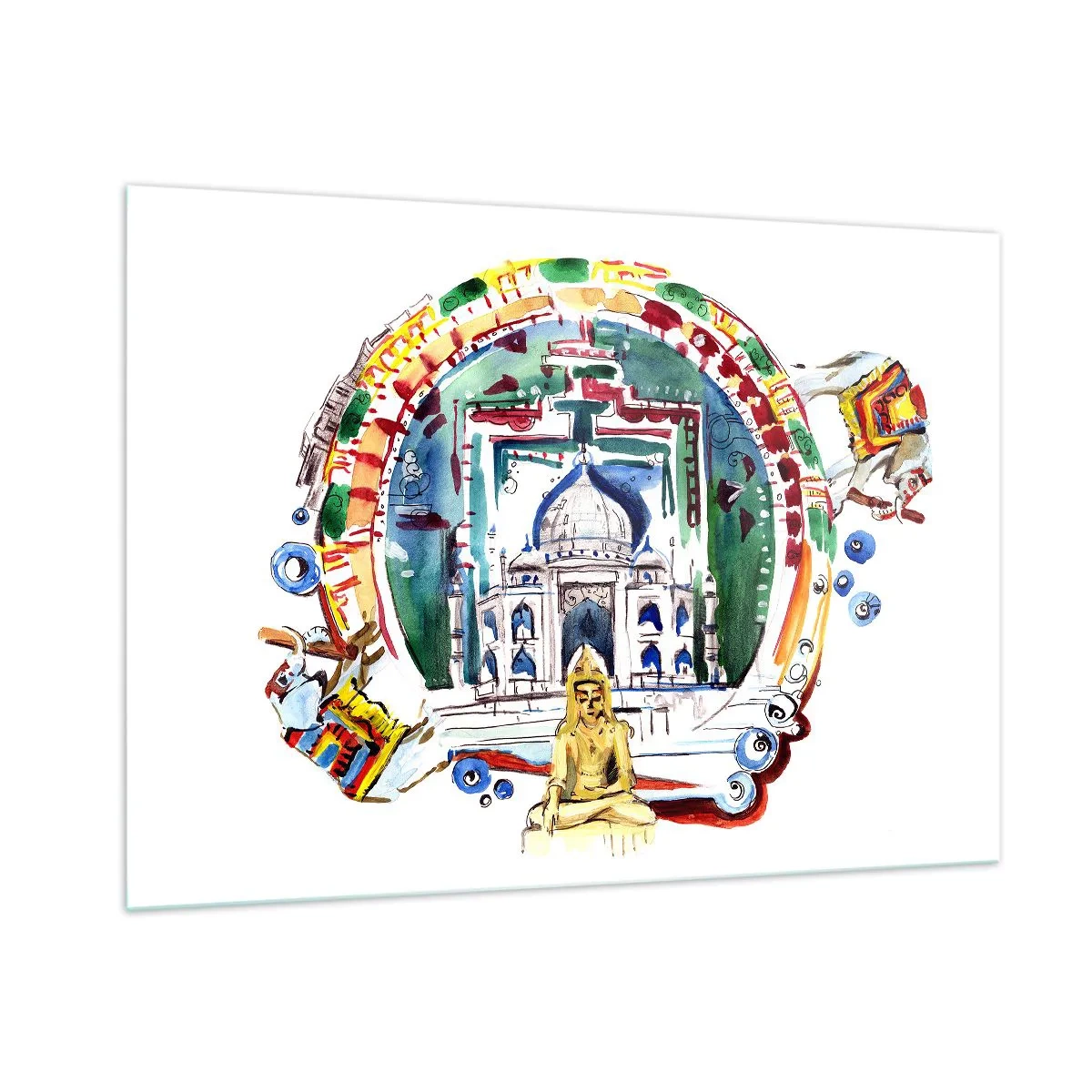 Glasbild - Bild auf glas - Bunte Illustration indischer Wahrzeichen im Aquarellstil - 100x70cm - Hinduistisches Weltgleichgewicht - Moderne Wanddekoration für Wohnzimmer und Schlafzimmer ARTTOR