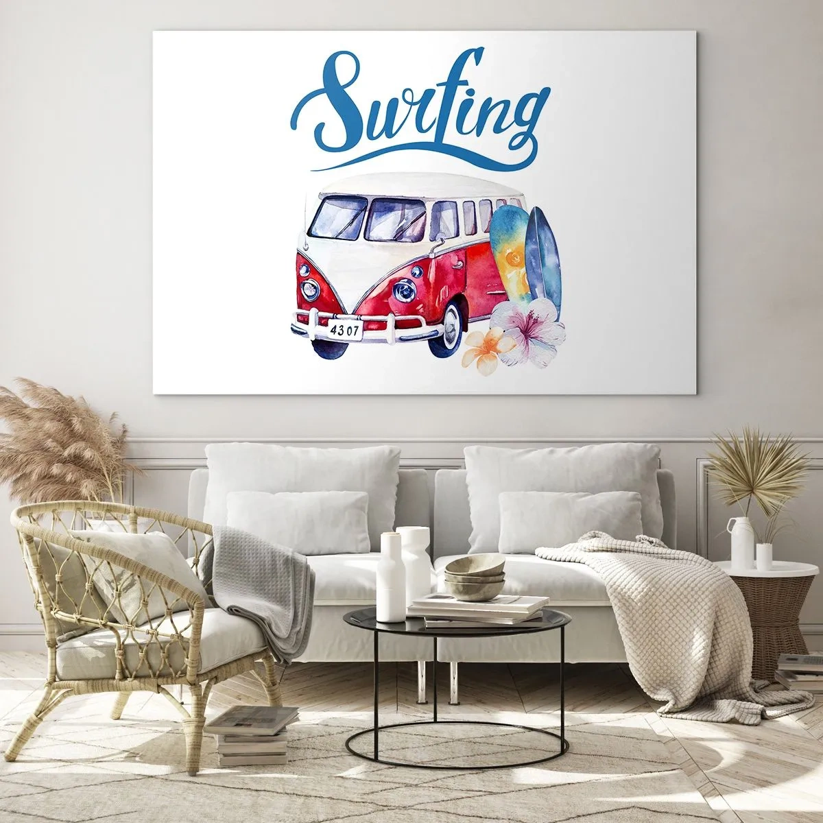 Glasbild - Bild auf glas - Surfthema mit Van und Brettern - 120x80cm - Gurke - ein Klassiker für einen Surfer - Moderne Wanddekoration für Wohnzimmer und Schlafzimmer ARTTOR