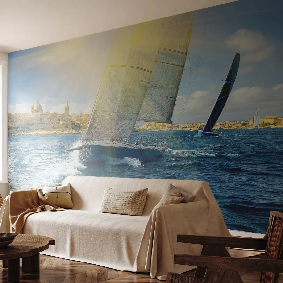 Fototapete Standard Eco - Es ist Zeit die Stadt zu verlassen - Stadt, Meer, Yacht - 300x210 cm