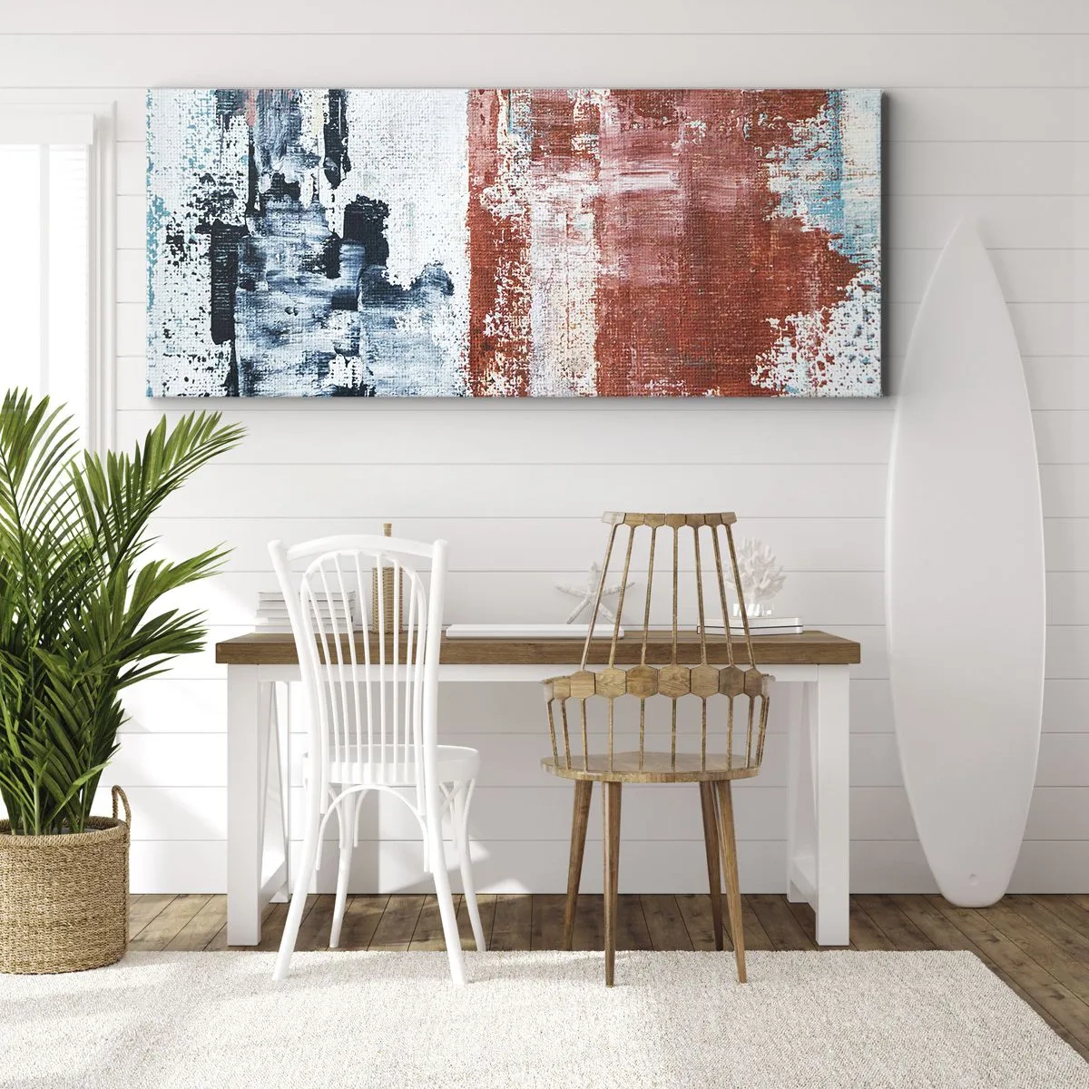 Bild auf Leinwand - Leinwandbild - Abstraktion in Weiß-, Blau- und Ziegelfarben - 140x50cm - Fünfzig-Fünfzig abstrakt - Moderne Wanddekoration für Wohnzimmer und Schlafzimmer ARTTOR