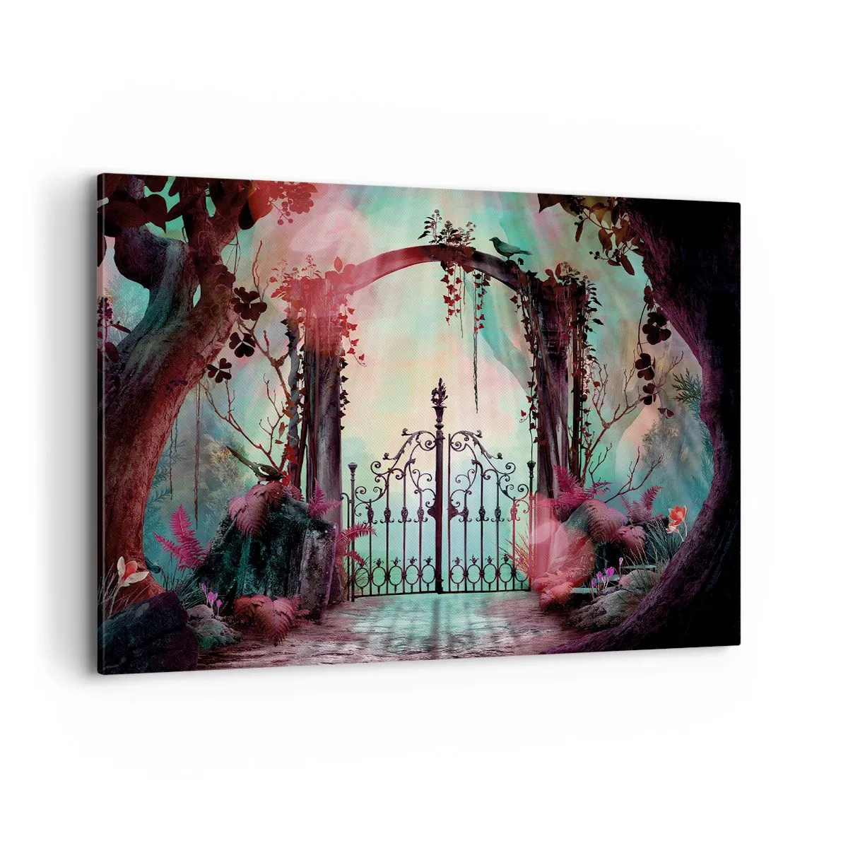 Bild auf Leinwand - Leinwandbild - Ein magischer Eingang mit einem schmiedeeisernen Tor, umgeben von geheimnisvoller Vegetation - 120x80cm - Geheimer Garten - Moderne Wanddekoration für Wohnzimmer und Schlafzimmer ARTTOR