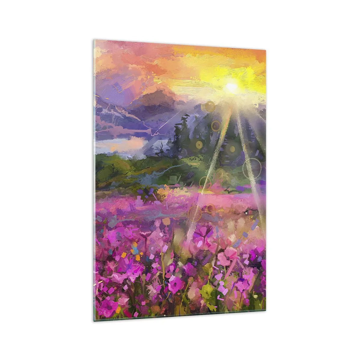 Glasbild - Bild auf glas - Eine malerische Wiese in den Strahlen der untergehenden Sonne - 70x100cm - Im Tal unter dem Schutz der Sonne - Moderne Wanddekoration für Wohnzimmer und Schlafzimmer ARTTOR