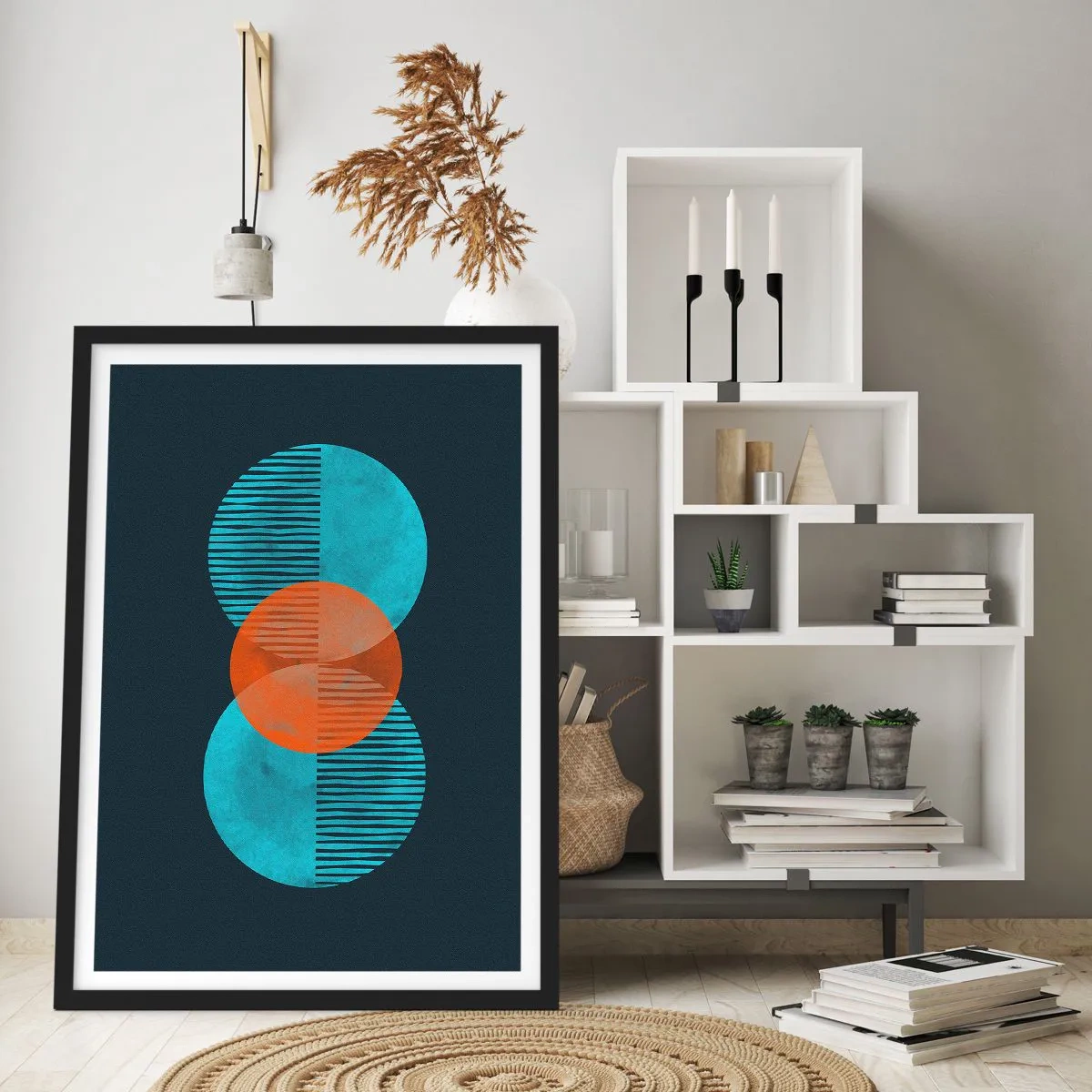 Poster in einem schwarzem Rahmen - Symmetrische Kreise in Blau- und Orangetönen mit Linien - 50x70cm - Symmetrische Komposition - Moderne Wanddekoration für Wohnzimmer und Schlafzimmer ARTTOR