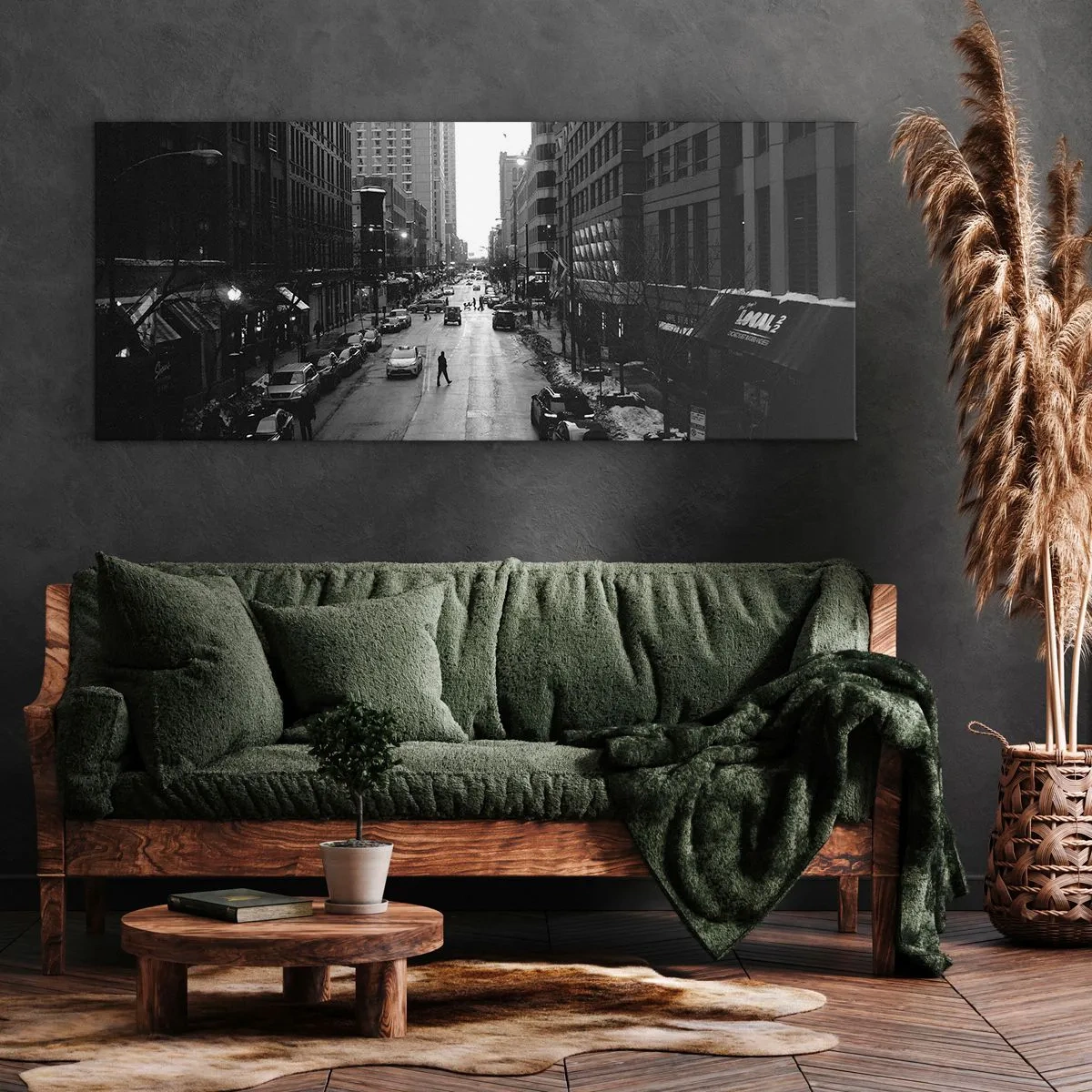 Bild auf Leinwand - Leinwandbild - Eine schwarz-weiße Straße mitten in der Stadt mit Autos und Fußgängern - 140x50cm - Ein weiterer Tag wie jeder andere Tag - Moderne Wanddekoration für Wohnzimmer und Schlafzimmer ARTTOR