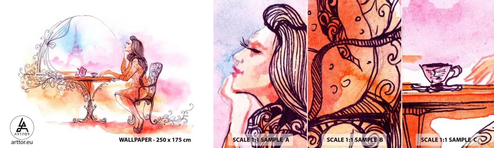 Fototapetenmuster Standard Eco - Pariser Chic - Paris, Frau, Eiffelturm - 100x30 cm